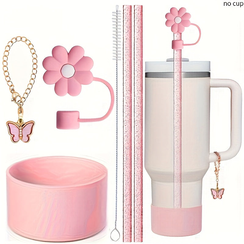 6pcs Cup Accessories Set for 40oz/30oz Tumbler, Include Glitter Straw and Brush, Flower Straw Cover Cap, Silicone Boot, Butterfly Charm Chain, Perfect for Outdoor Sport, Ideal Valentine's Day Gift, Mother's Day Gift