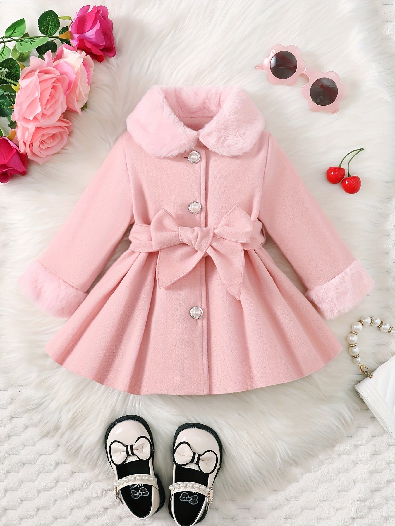 Fashionable And Versatile Coat for Baby Girls in Autumn And Winter, a Perfect Mother'S Day Gift. Adorable Plush Coat with a Bow And Collar, Designed for a Sweet Princess Look. Soft And Comfortable Outerwear to Keep Baby Warm