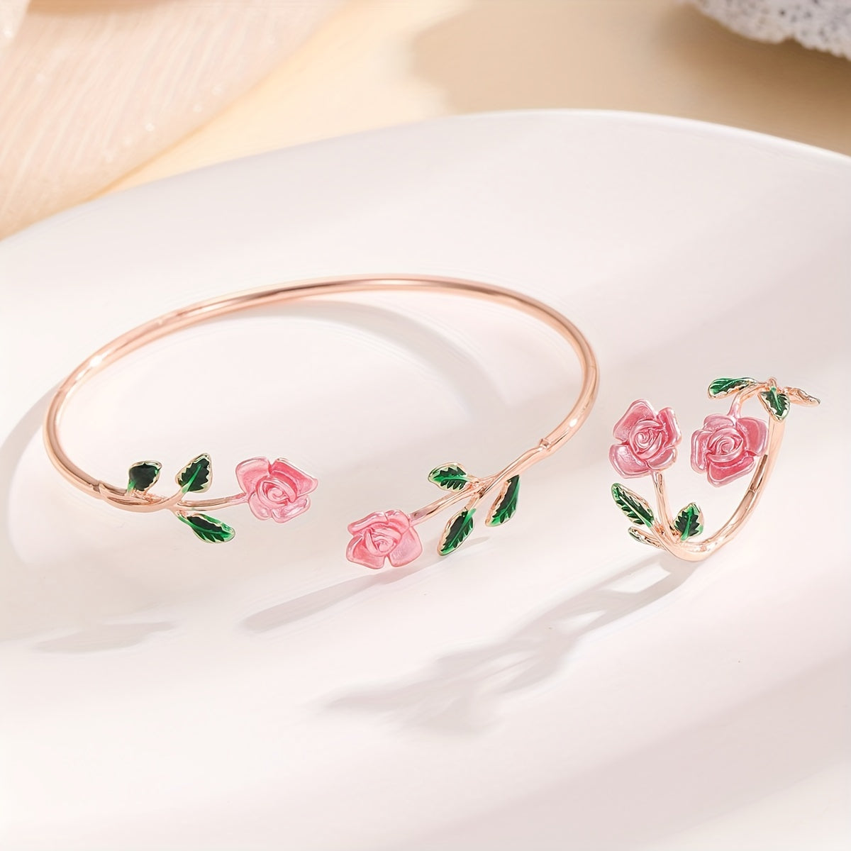 Elegant Rose Flower Design Bangle Ring Set Women's Floral Design Jewelry Gift Accessories
