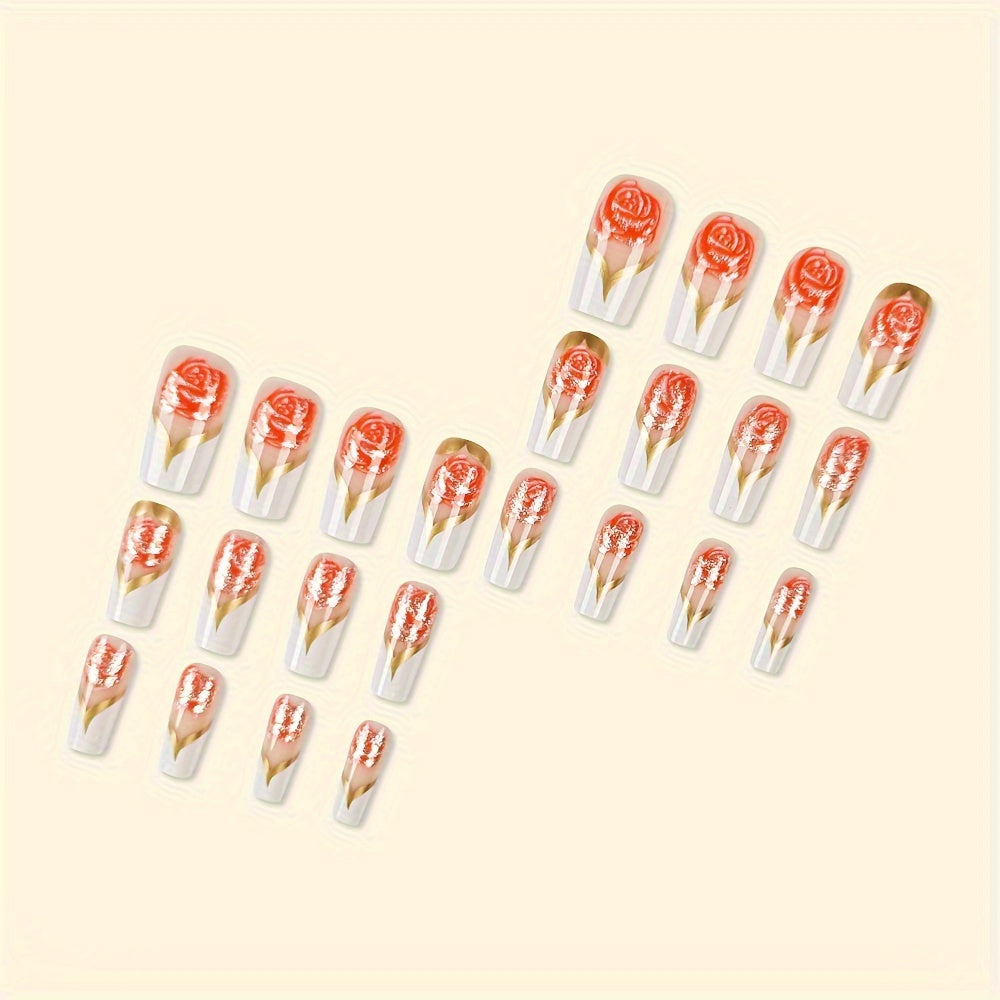 24pcs Glossy Medium C-Curve Press On Nails with Pink Flower and Golden Stripe Pattern Artificial Reusable False Nails for Women, Medium Length Press On Nails