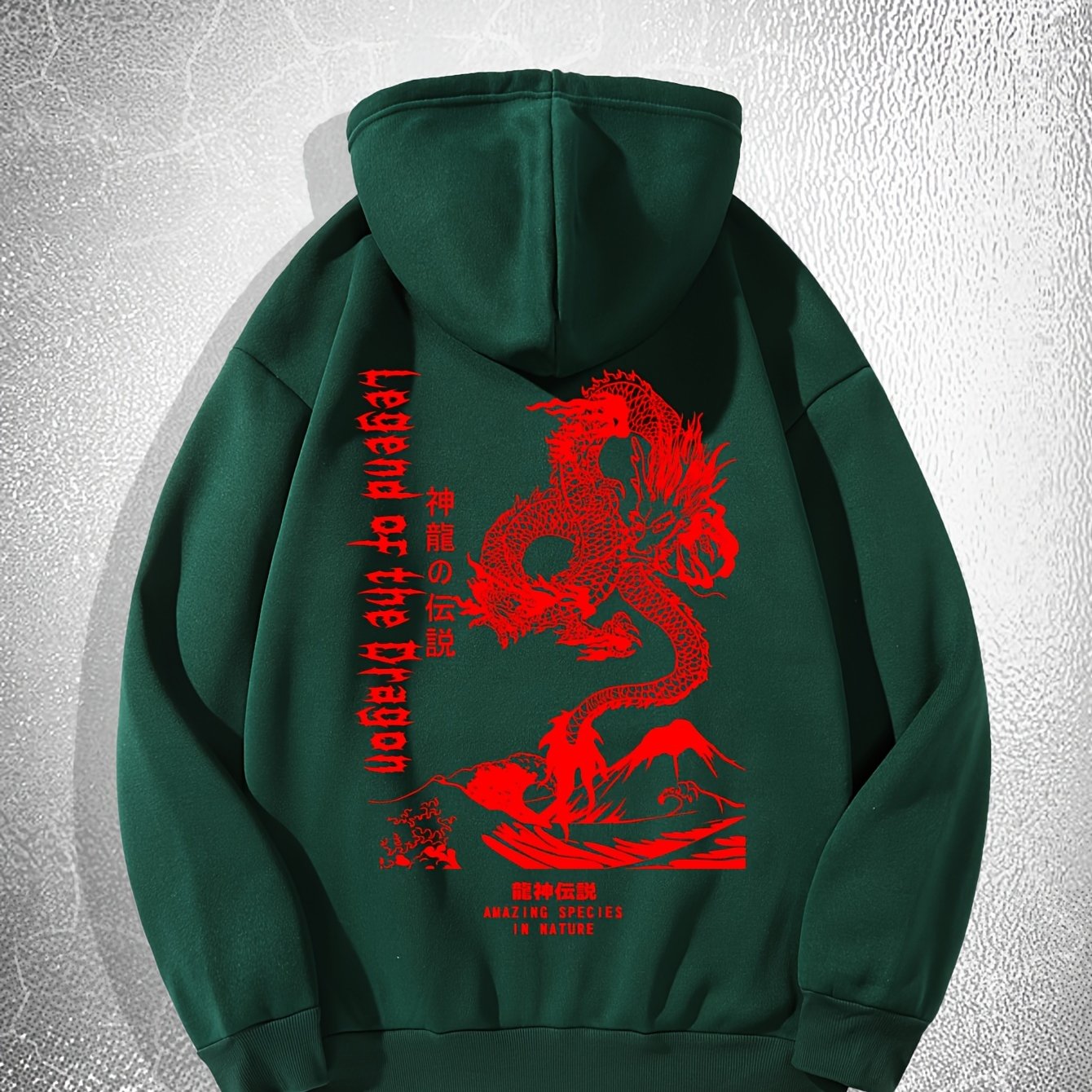 [Dragon Print Hoodie] White Polyester Dragon Print Hoodie - Casual & Trendy, Long Sleeves, Drawstring Hood - Streetwear Style