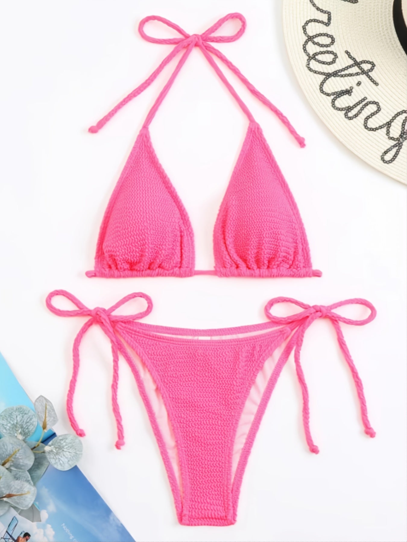 Wrinkled Fabric Wave Strip Sexy Bikini Women's Multicolor Split Swimsuit