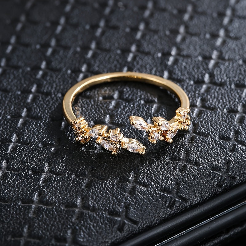 1pc Elegant Leaf Design Ring, Copper Material, Synthetic Zirconia Mosaic, Perfect for Daily and Party Occasions