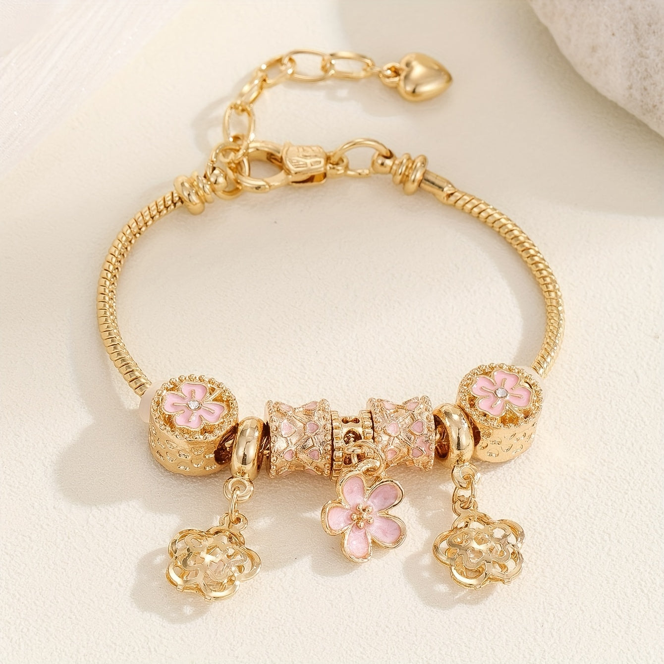 Delicate Pink Flower Pendant Bangle Bracelet - Timeless Elegance for Versatile Style - Handcrafted Copper Chain Jewelry, Adjustable & Durable