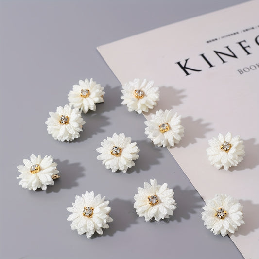 10pcs Fabric Flower Hair Clips Set, Chinese Style Bridal Headwear, Solid Color Floral Hair Accessories with Rhinestone Center for Women, Suitable for Party, Gathering, Daily Wear, Valentine's Day - White