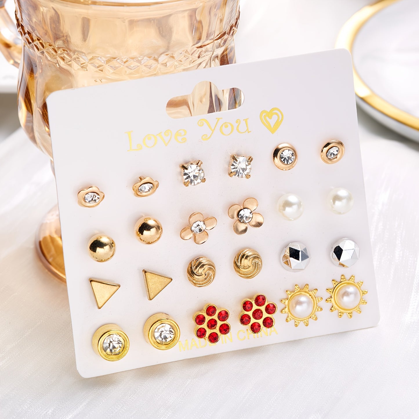 12Pairs/Set Flower Faux Pearl Heart Strawberry Stud Earrings Set, Simple Golden Earrings For Girls, Daily Week Earrings Set, Ideal choice for Gifts
