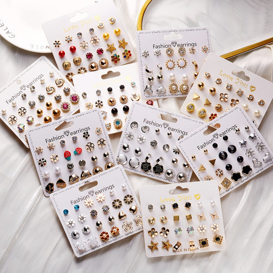 12Pairs/Set Flower Faux Pearl Heart Strawberry Stud Earrings Set, Simple Golden Earrings For Girls, Daily Week Earrings Set, Ideal choice for Gifts