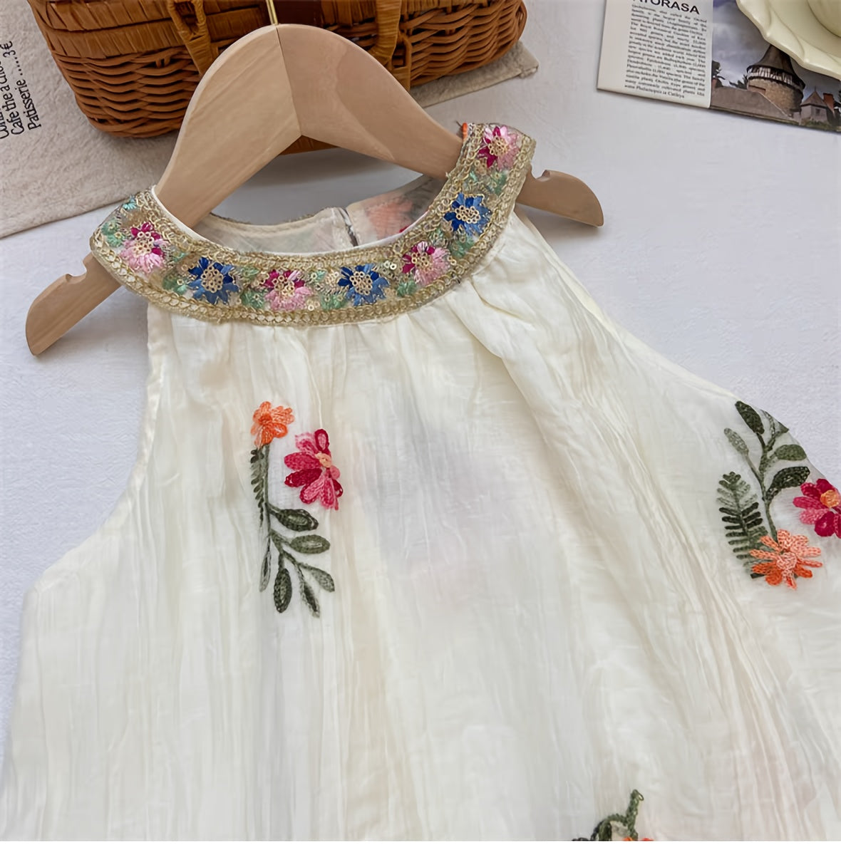 Summer New Bohemian Style Flower Embroidery Mesh Overlay Dress | Sleeveless, Non-Stretch Fabric, Flared Hem, Round Halter Neck, Ideal for Casual and Travel Vacation, Little Thin Princess Dress