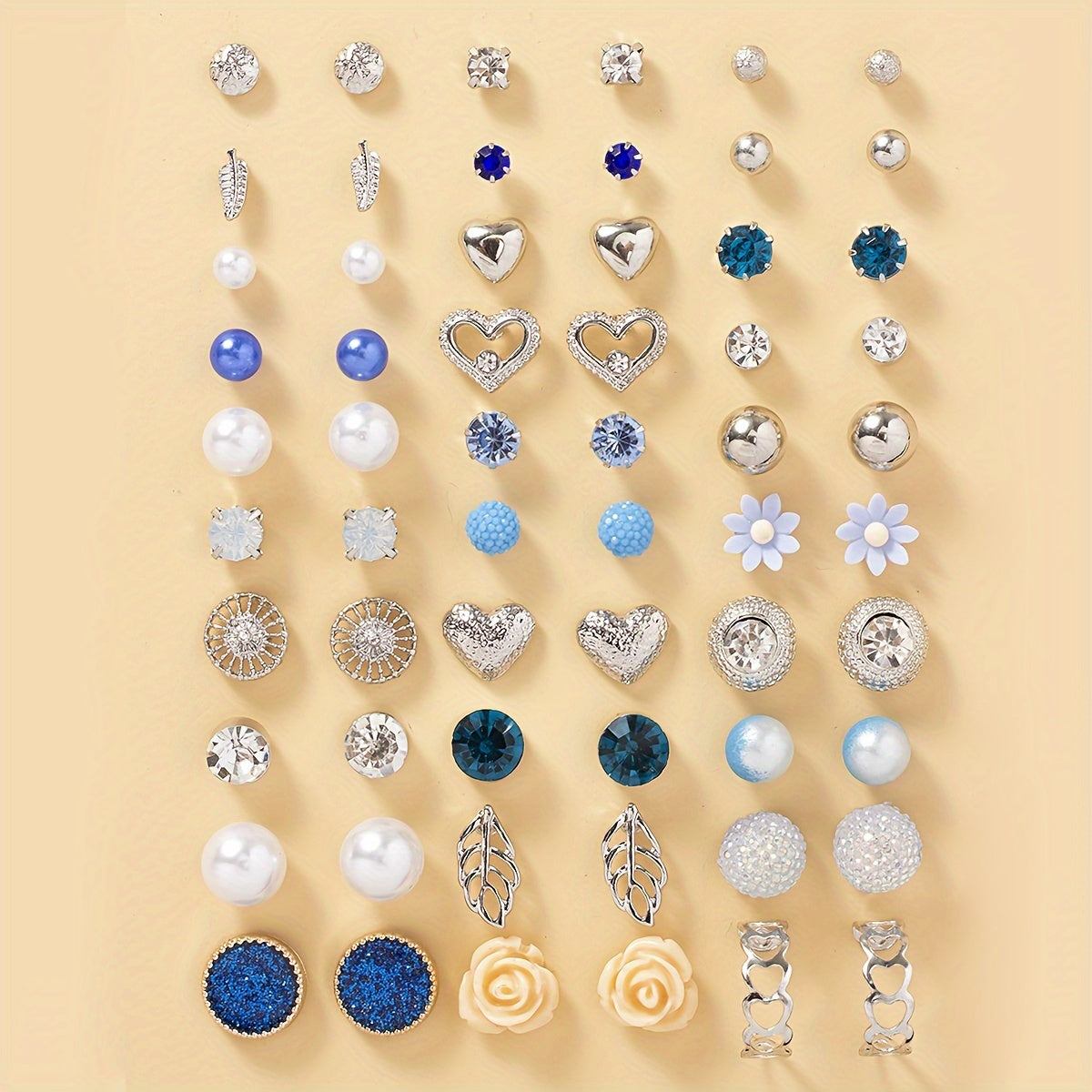 30 Pairs Delicate Stud Earrings Set - Exquisite Imitation Pearl Love Flower Leaf Design, Classic Everyday Wear, Adorable Female Gift - Unique Original Piece in Stunning Blue Color