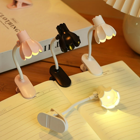 1/2/3pcs MINI Arm Adjustable LED Horn Flower Book Light - Battery-Powered Desk Lamp with Pink & White Design, Perfect for Reading at night, or Desktop Decoration, Portable reading Lighting, Desk Lamps for Home Office,mini boo