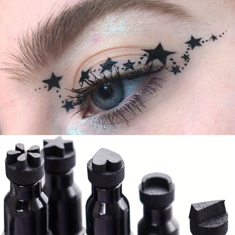 PECOLORVERS 2 in 1 Waterproof Black Liquid Eyeliner & Stamp Set - Alcohol Free, Quick-Drying Eye Makeup with Star, Moon, Heart, Flower Stamps