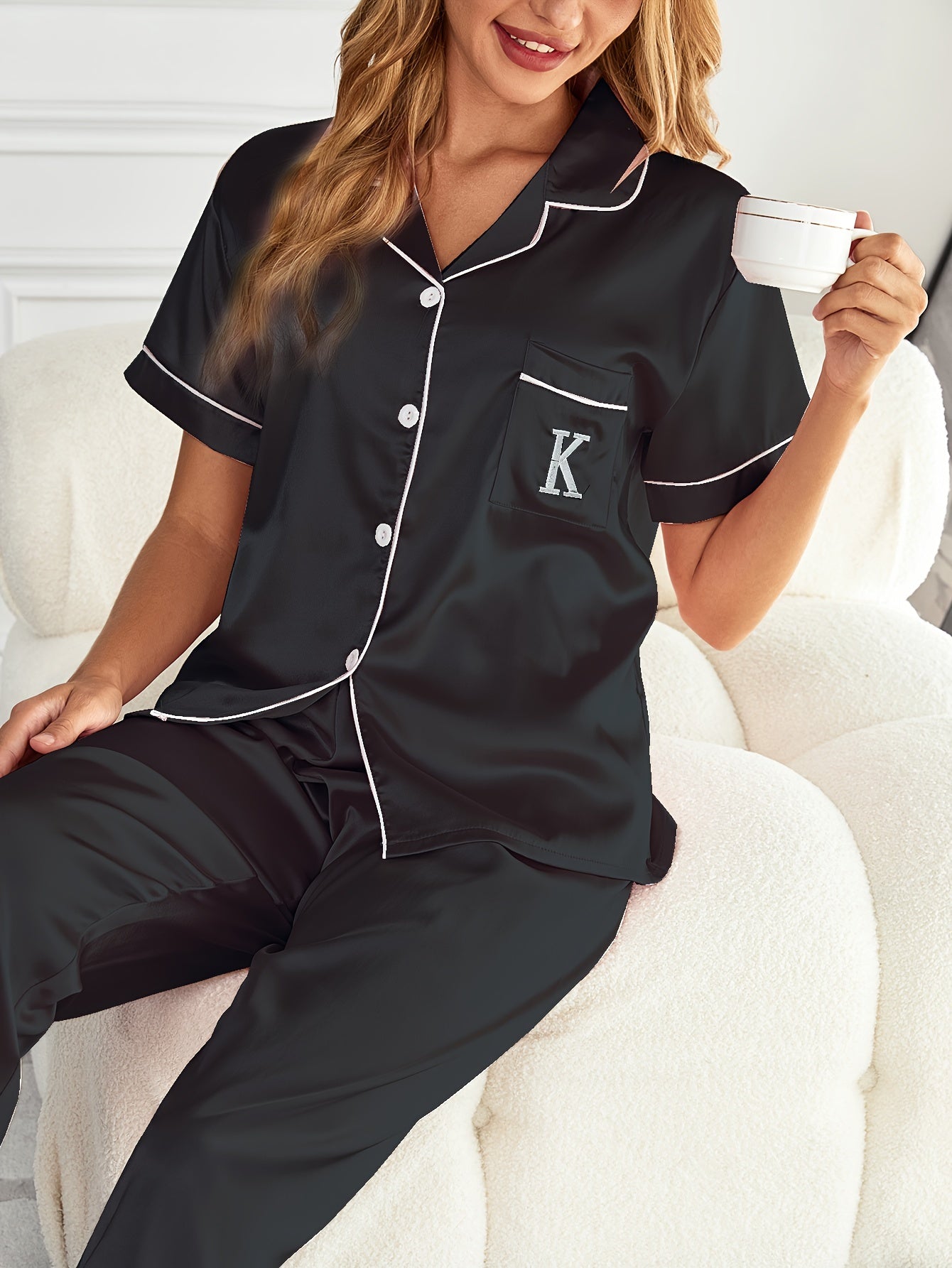 Valentine's Day Satin Pajamas Set - Soft, Lightweight, Embroidered Button-Up Blouse Top and Elastic Waistband Pajama Pants for Women's Loungewear and Sleepwear - Perfect Gift Idea for Her