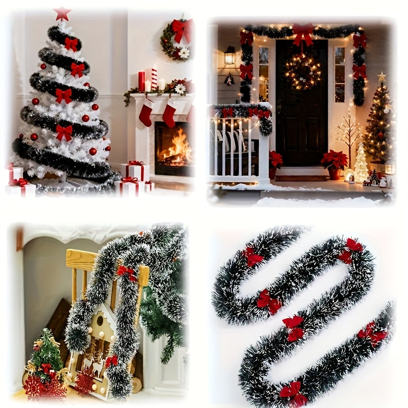 2-Piece Bow Christmas Rattan Garland, Total Length 10.0 meter, 1-Piece 196.85-Inch Dark Green and White Snowflake Christmas Flower Vine Decoration, No Lights Artificial Wreath for Indoor/Outdoor Use, High-Quality Soft Green H