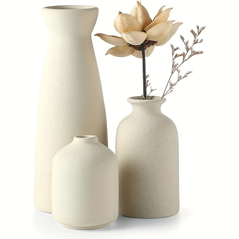3pcs Bohemian Ceramic Vase Set - Matte Finish, Geometric & Floral Designs for Elegant Home Decor | Ideal for Living Room, Entryway, Bookshelf, Wine Cabinet, TV Stand Display, Vases Home Decor