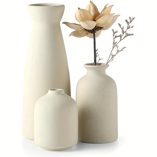 3pcs Bohemian Ceramic Vase Set - Matte Finish, Geometric & Floral Designs for Elegant Home Decor | Ideal for Living Room, Entryway, Bookshelf, Wine Cabinet, TV Stand Display, Vases Home Decor