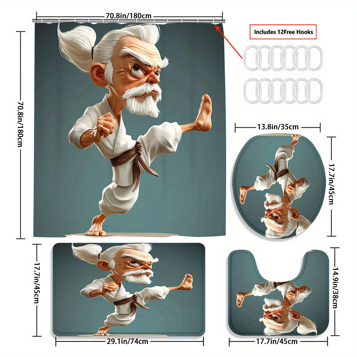1/4pcs Kung Fu Cartoon Character Printed Shower Curtain Set, Bathroom Decoration Set Includes Waterproof Shower Curtain, Non-Slip Mat, Toilet Lid, Bathroom Mat, And 12 Plastic Hooks, Bathroom Accessories, Home Decor.