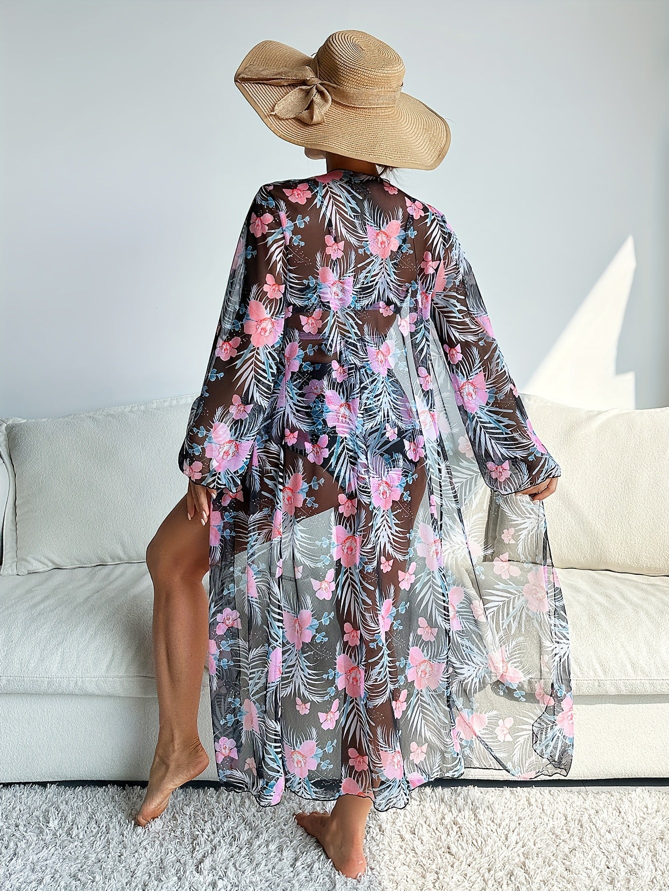 3 Piece Set Stretchy Floral Print Long Sleeve V Neck Tie Back Swimsuits - High Stretch Polyester Bikini Set with Kimono Cover Up - Perfect for Swimming and Beach Activities
