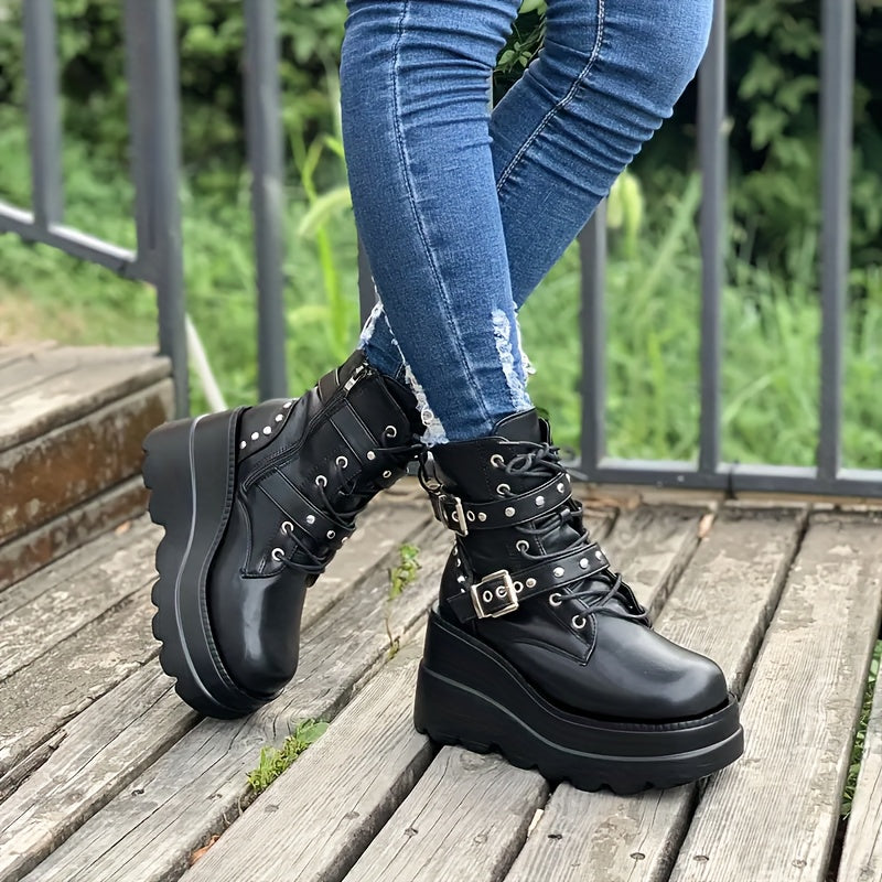 Women'S Chunky Platform Boots - Gothic Punk Boots with Lace-Up Closure, Thick Platform Heels for Height Increase, PU Sole - Edgy Gothic Punk Shoes for Concerts, Parties, Everyday - Synthetic Cover Gothic Footwear Gift for Wom