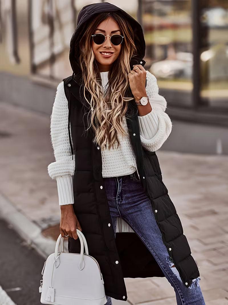 Women'S Stand-Up Collar Hooded Mid-Length Warm Quilted Vest Jacket