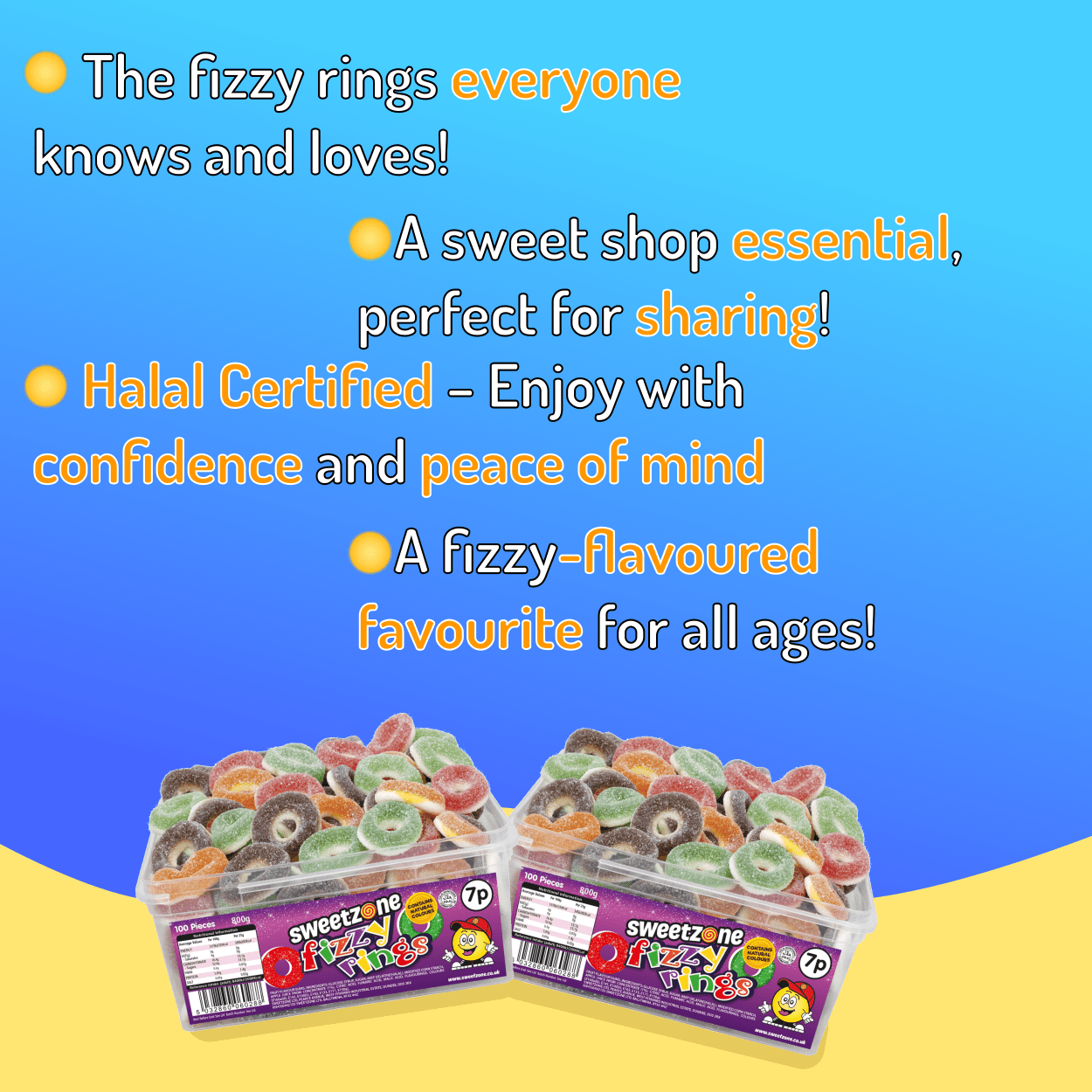 Sweetzone Fizzy Rings - 800g Tub - 100 Pieces - Pic N Mix Style Sweets