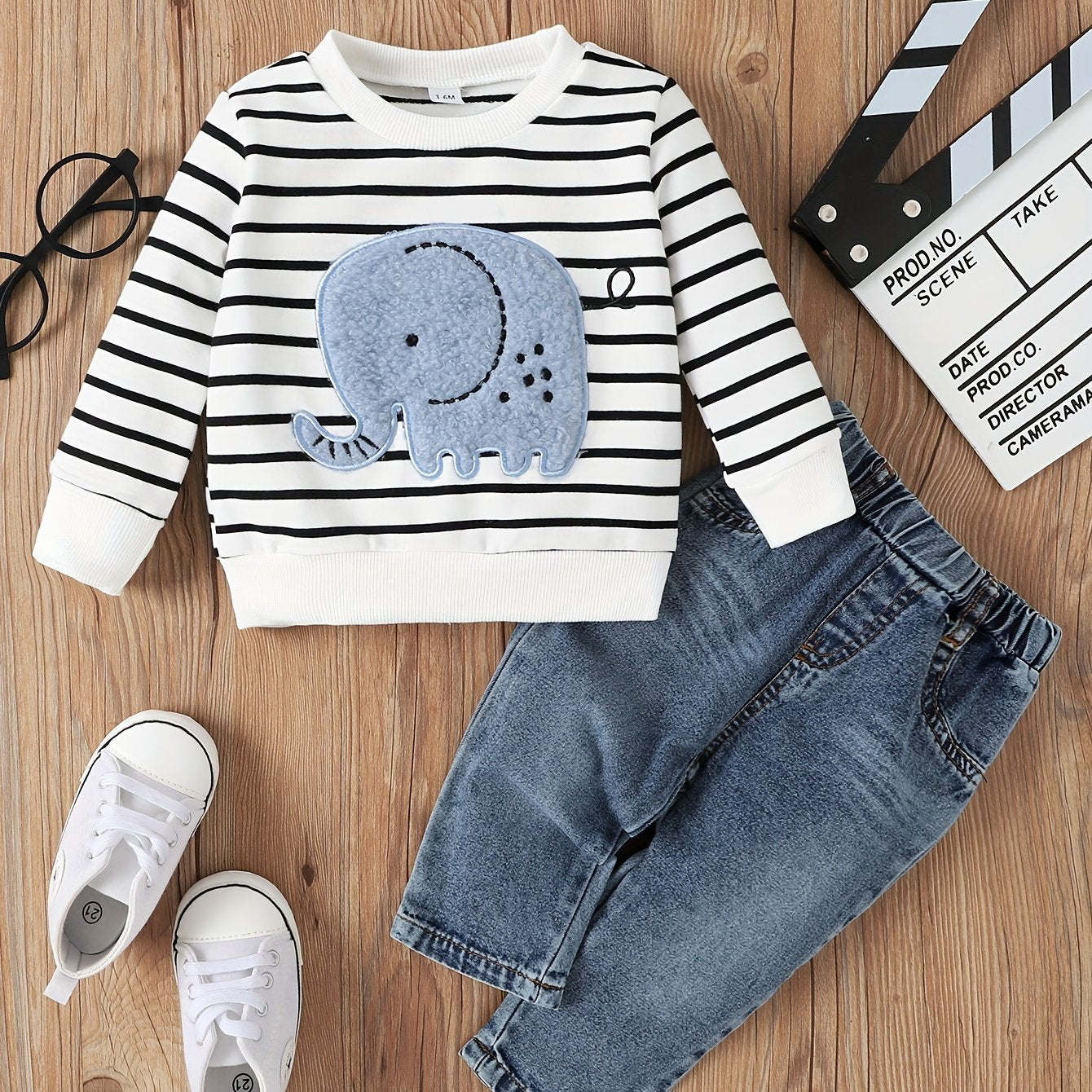 2pcs Infant Baby Boy Cute Striped Elephant Pattern Long Sleeve Top & Denim Trousers Outdoor Set For Spring And Autumn