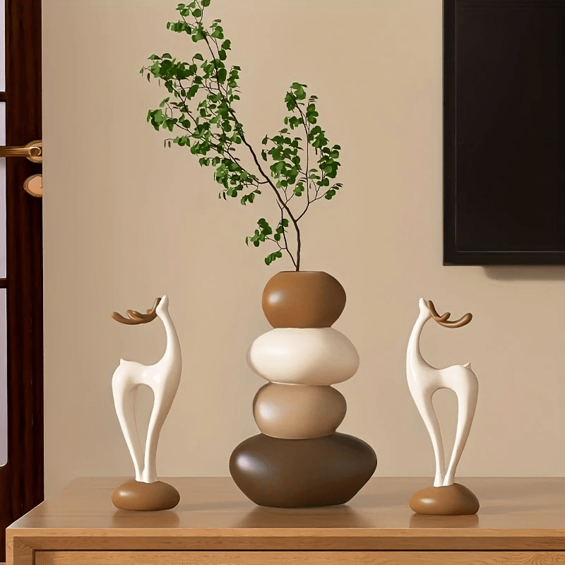 [Creative Stacked Stone Vase] 3pcs Creative Stacked Stone Vase and Deer Figurine Set | Resin Ornaments for Living Room, Bedroom, Office Desk, Bookshelf – Unique Christmas Gifts for Family & Friends
