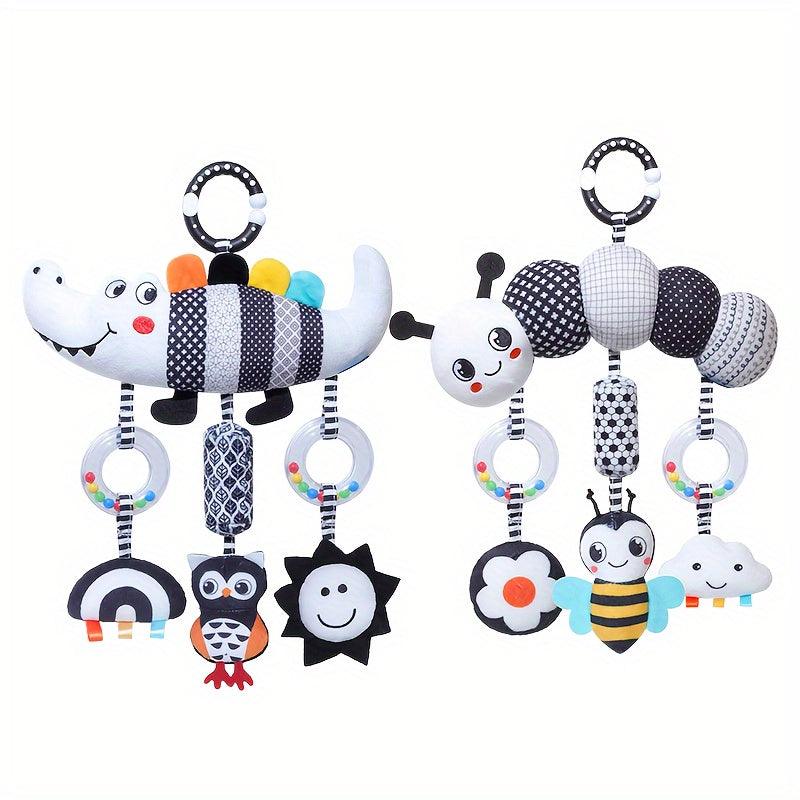 [Soft Animal Plush Toys] Soft Black and White Animal Wind Chime Plush Toys | for Baby Car Seat & Stroller, Hanging Rattle Toys | Ideal Christmas Gift for Infants 0-3 Years Old, Chinese Mainland Origin