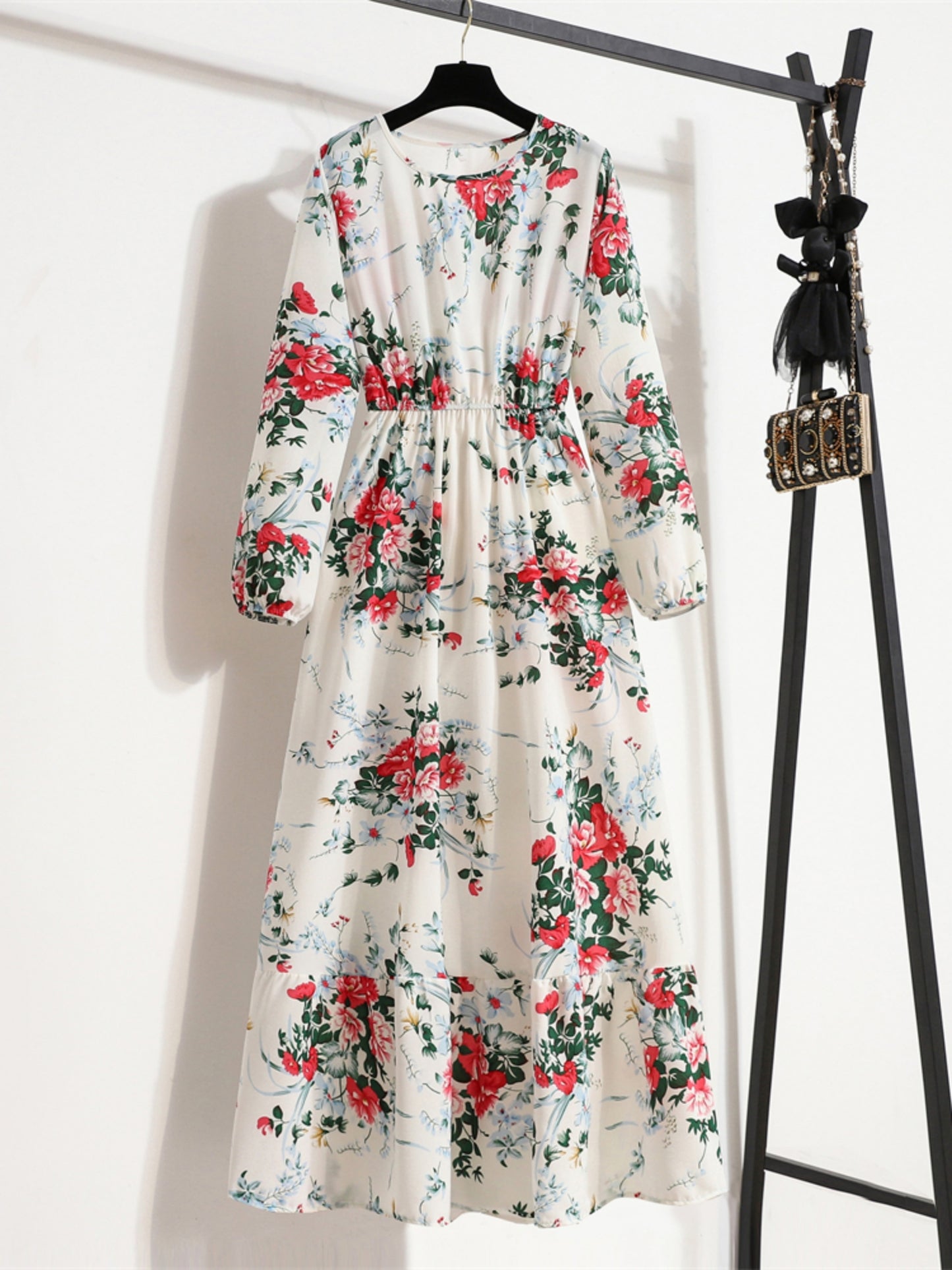 Bohemian Print Casual Party Long Dress with Ruffle Hem, Round Neck, Elastic Waist, and A-Line Silhouette