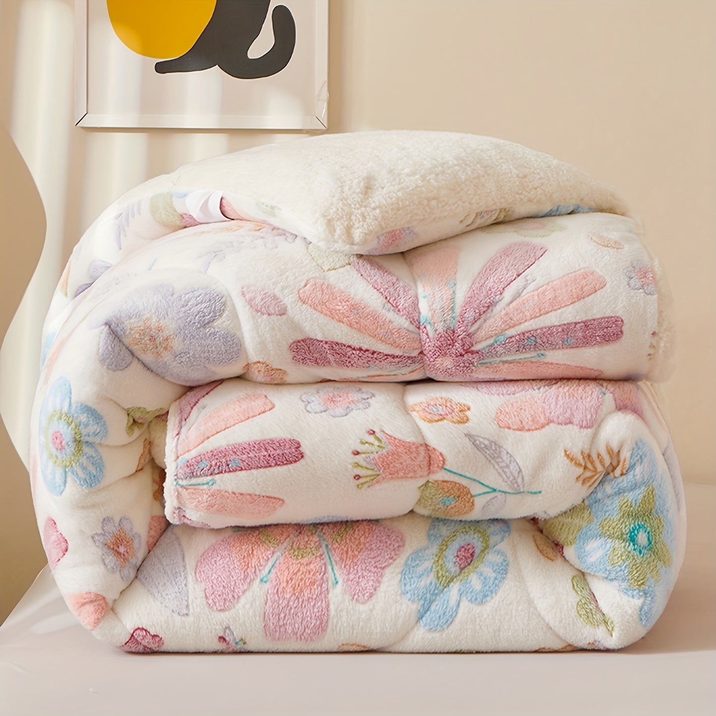 1pc Soft Warm Flower Fleece Printed Winter Polyester Comforter, Autumn And Winter Bedding Suitable For Bedroom, Guest Room