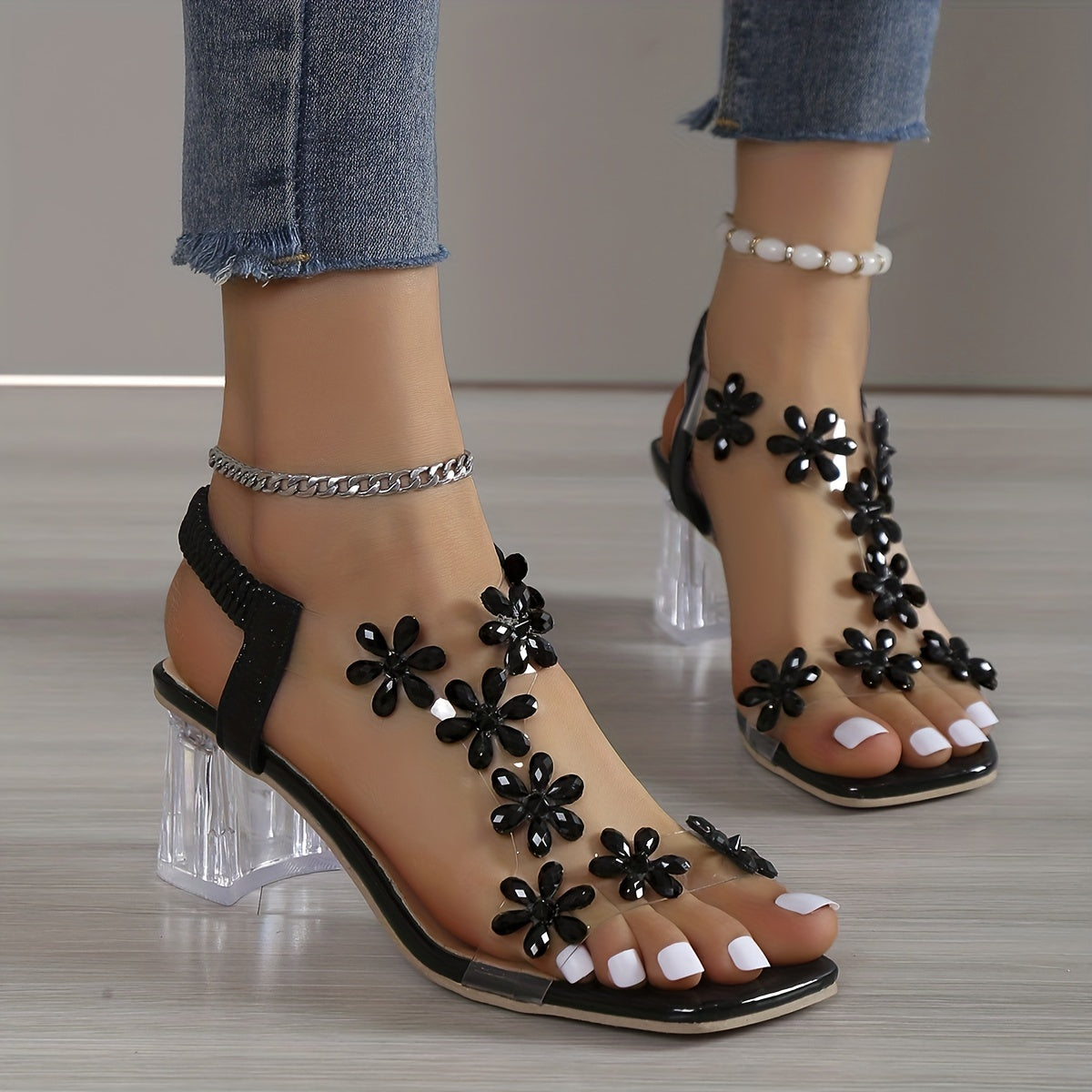 Women's Flower Rhinestone Block Heel Sandals, Fashion Square Open Toe Elastic Strap Slip On High Heels, Versatile Sandals