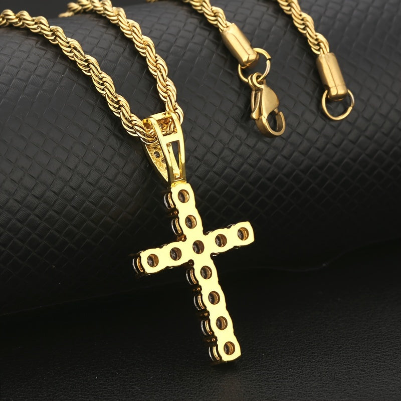 Hip Hop Cross Copper With 4mm Zirconia 14K Golden Plated Pendant Necklace