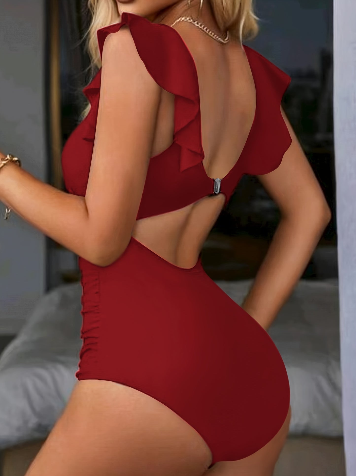 V Neck Ruched One Piece Swimsuit with Flattering Ruffle Accent - Stylish Cut Out Back Buckle Detail & High Cut Leg - Premium Womens Swimwear Bathing Suit