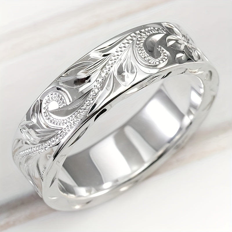 Elegant Hand-Carved Leaf & Flower Wide Band Ring – Unisex Fashion Accessory for Daily & Party Wear, Classic Simple Style, Non-Tarnish Copper, Valentine's Gift – All Seasons Suitable