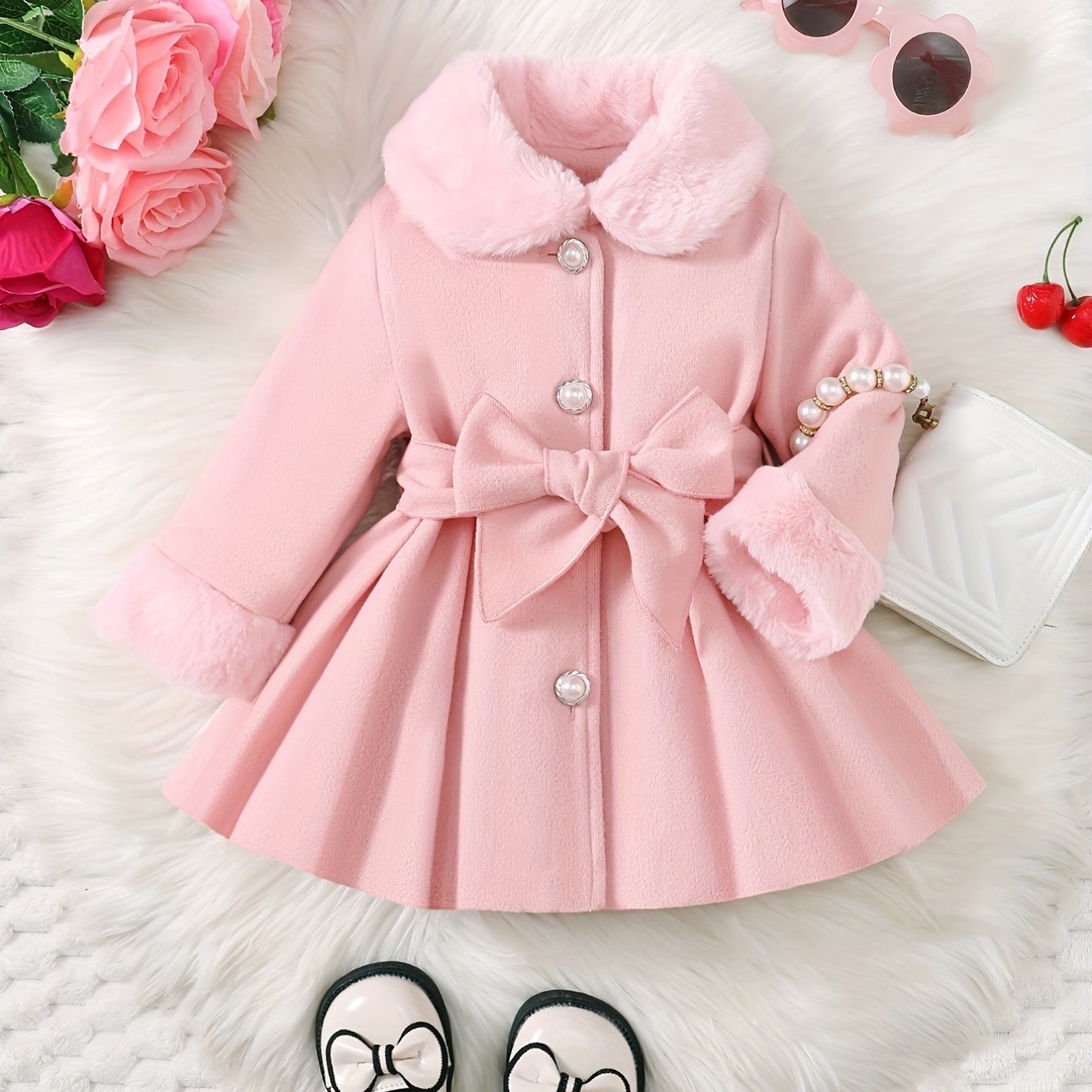 Fashionable And Versatile Coat for Baby Girls in Autumn And Winter, a Perfect Mother'S Day Gift. Adorable Plush Coat with a Bow And Collar, Designed for a Sweet Princess Look. Soft And Comfortable Outerwear to Keep Baby Warm