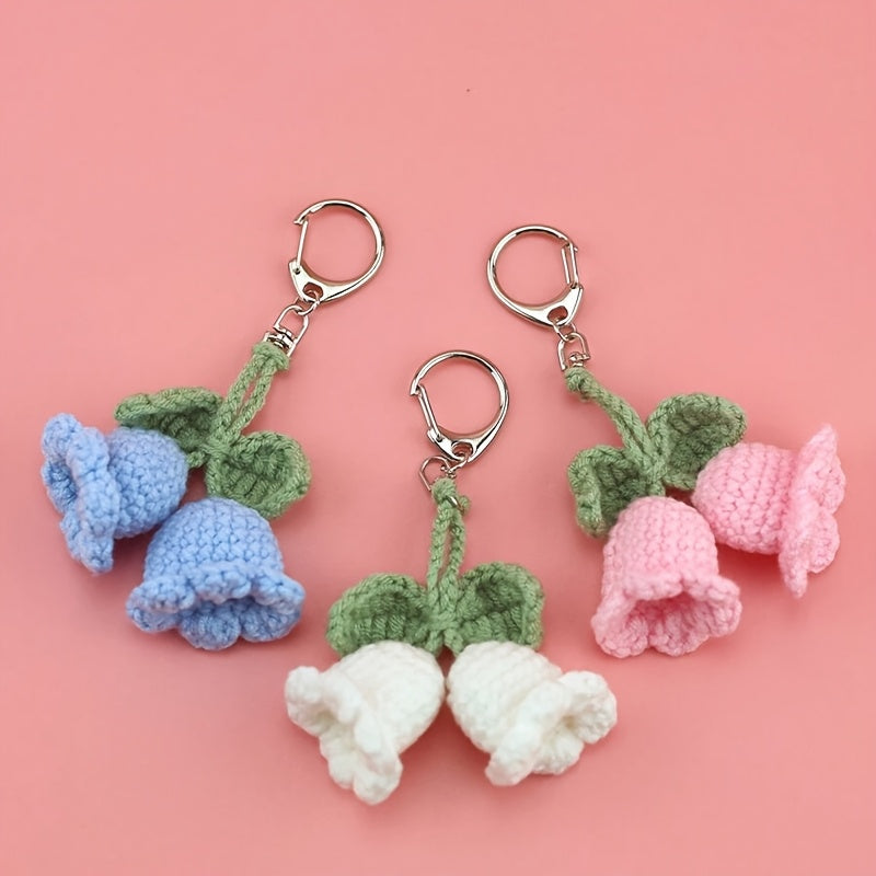 1pc Charming Crochet Lily Flower Wind Chime Keychain, Cute Yarn Bag Accessory for Women