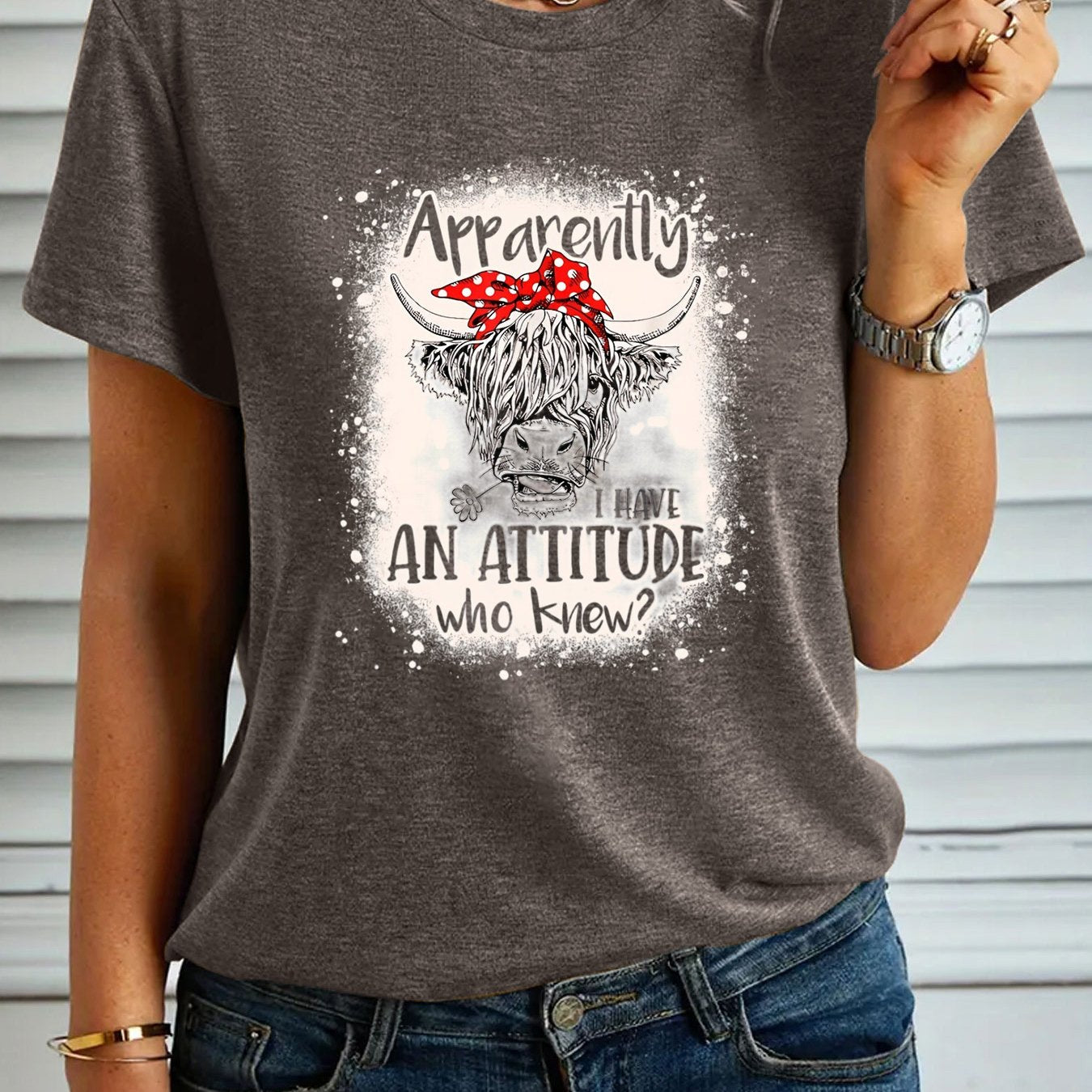 Women's Fashion T-shirt, "Apparently I Have An Attitude Who Knew" Highland Cow Pattern Casual Short Sleeve Top