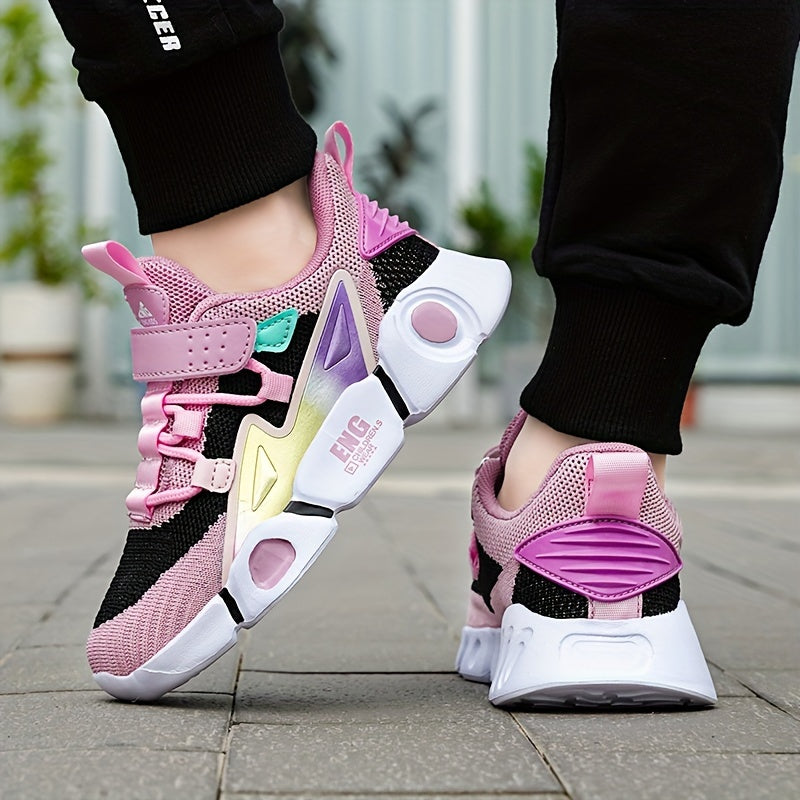Girls' Breathable Knit Sneakers - Fashionable Striped Low-Top Sneakers with Closure, Lightweight & Comfortable for All Seasons, Pink & Black Design with Mesh Upper and EVA Sole, Youngsters Sneakers | Fashionable Striped Sneak