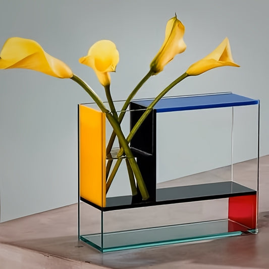 1pc, Mondrian Modern Acrylic Vase with Transparent, Red, Yellow And Blue Panels - Modern Art Decoration Suitable for Home Decor, Room Deco