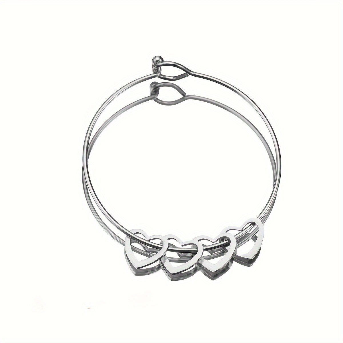 Customized Stainless Steel Bangle with Personalized Lettering - Adjustable, Engraved Family Names, Heart Charms, Meaningful Mothers Day Gift, Durable Fashion Jewelry