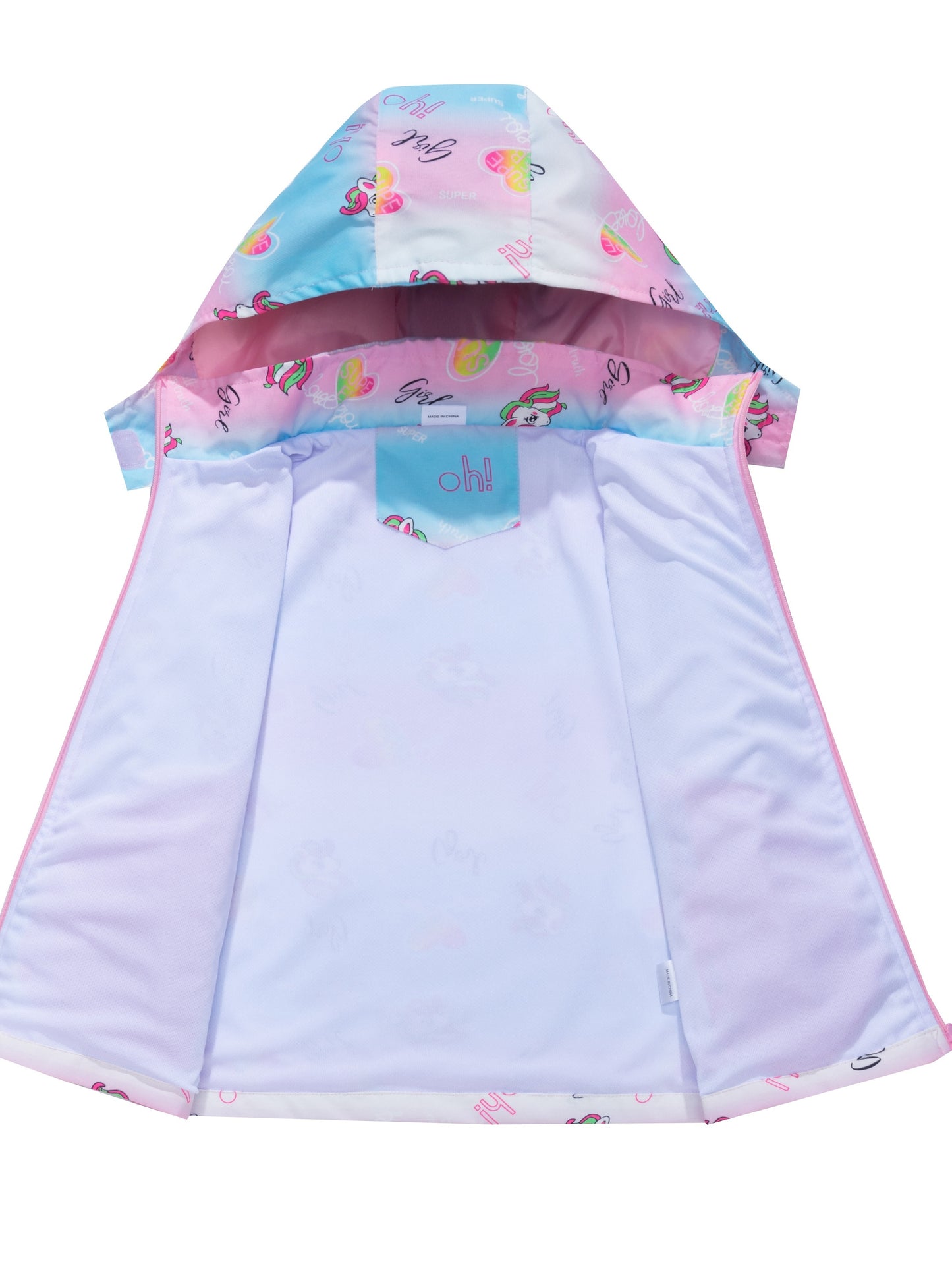 Girls' Unicorn Jacket - Lightweight Windproof Hooded Outerwear with Removable Hood, Pastel Rainbow & Clouds Design, Zip-Up Front, Long Sleeves, and Pockets for Spring/Fall Casual Wear, Unicorn Clothes, Playful Kids Fashion, D