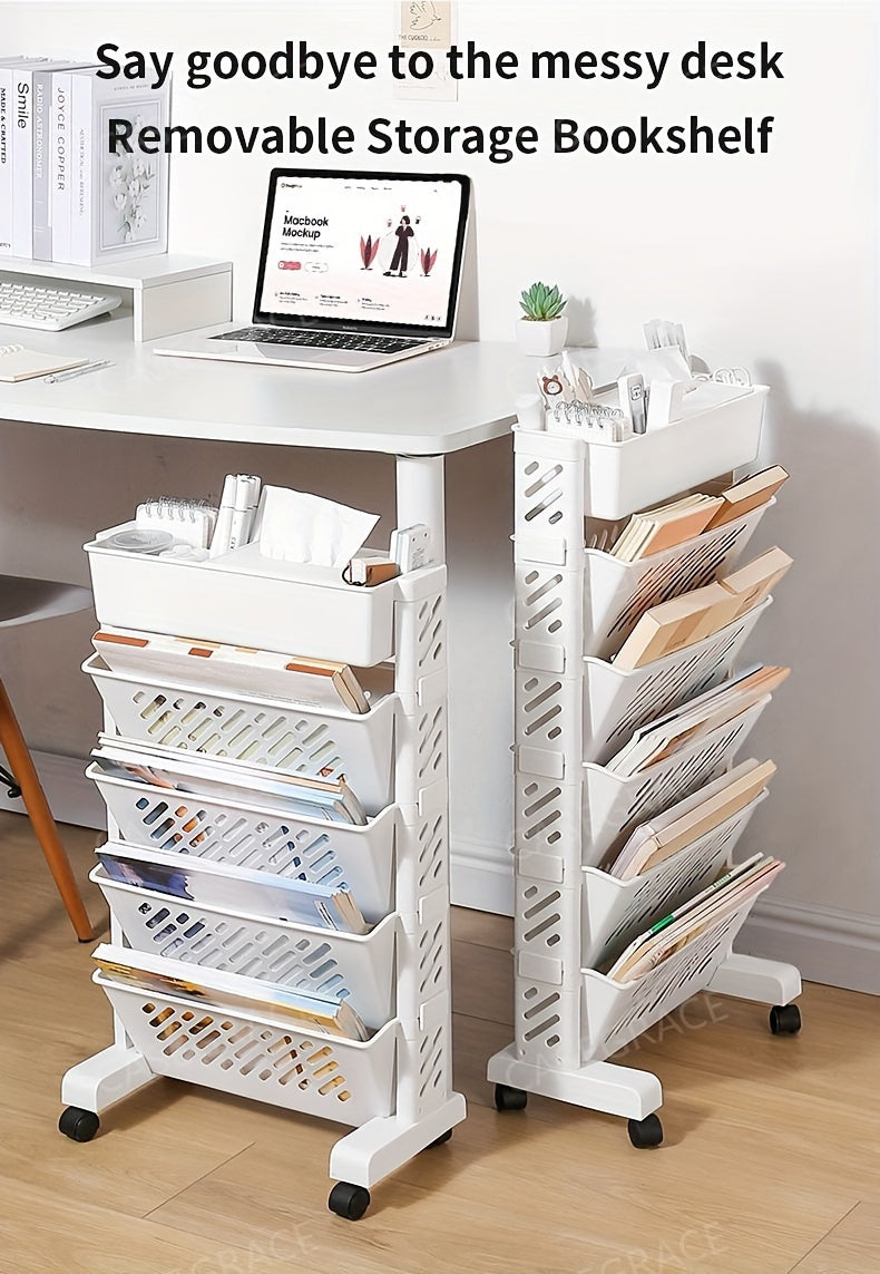 1pc Five-Level Bookshelf Shelf, Movable Desk Side Bookshelf, Floor Desk Small Cart, Book Storage Shelf, Office Study Supplies Storage Rack, Pen Holder, Lesson Book, Document Storage, Office Supplies