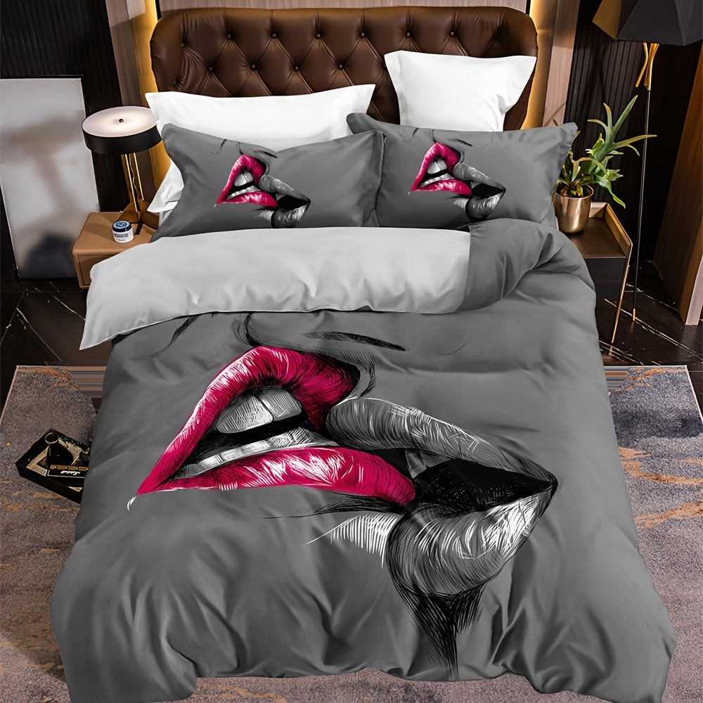 3pcs Couple Bedding Kiss Sketch Crimson Lips Kissing Guest Room Duvet Cover Set (1pc* Duvet Cover + 2pcs Pillowcase, No Pillow Core)