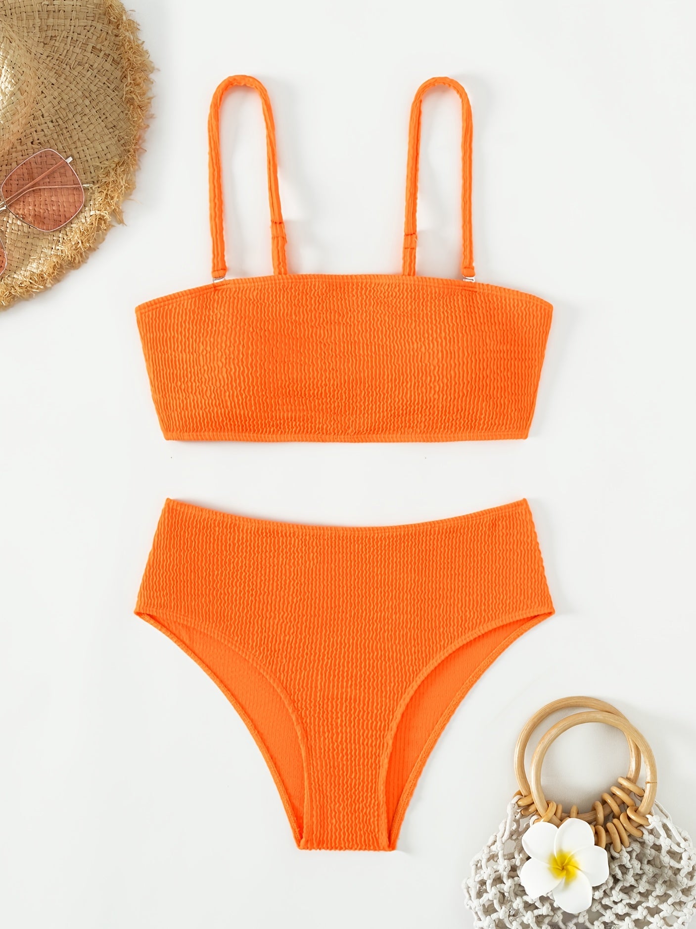 2pcs Set Women's Bikini Sets - Bandeau, Solid Color, High Stretch Polyester Knit Fabric - Swimming | Smooth Fabric | Machine Washable