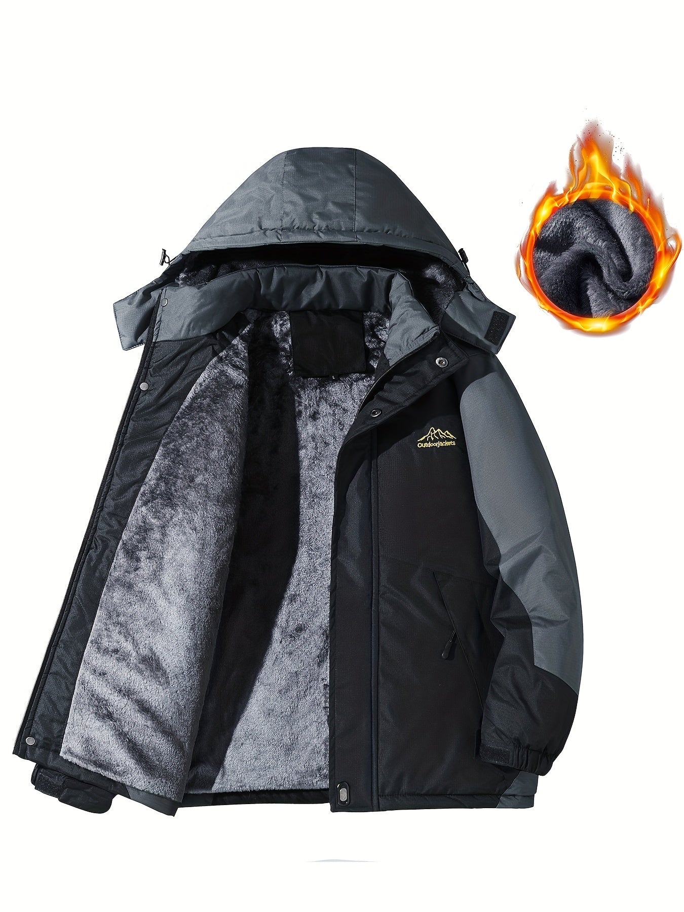 Men's Casual Color Block Thick Hooded Jacket, Waterproof Windproof Single-layer Fleece Jacket For Fall Winter Jacket Gifts Best Sellers
