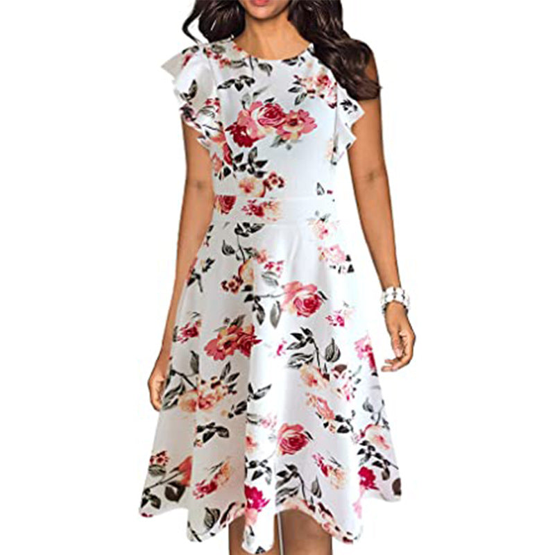 Women's Ruffle Sleeve Slim-fit Printed Dress