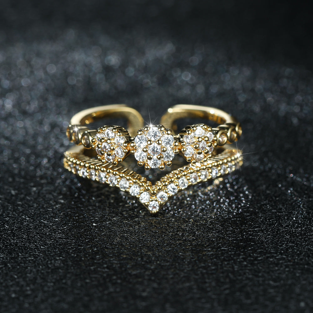 ANGOL'S Elegant Boho Double V-Cut Ring with Adjustable Trim - Luxurious Golden-Tone Zirconia Inlay, Perfect for Parties & Daily Wear, Adjustable Ring|Elegant Boho Ring|Cubic Zirconia Ring, Angel Jewelry