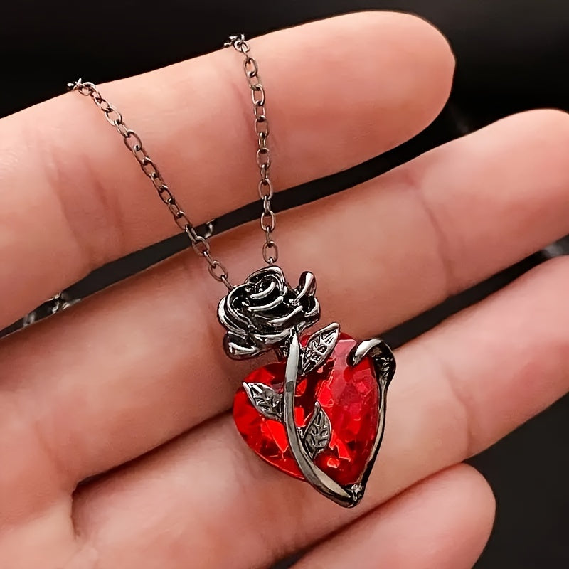 Elegant & Punk Style, Black Rose Shape With Red Heart Faux Diamond Pendant Necklace, Vintage & Delicate Twisted Flower Collarbone Chain, Valentine's Day Accessory
