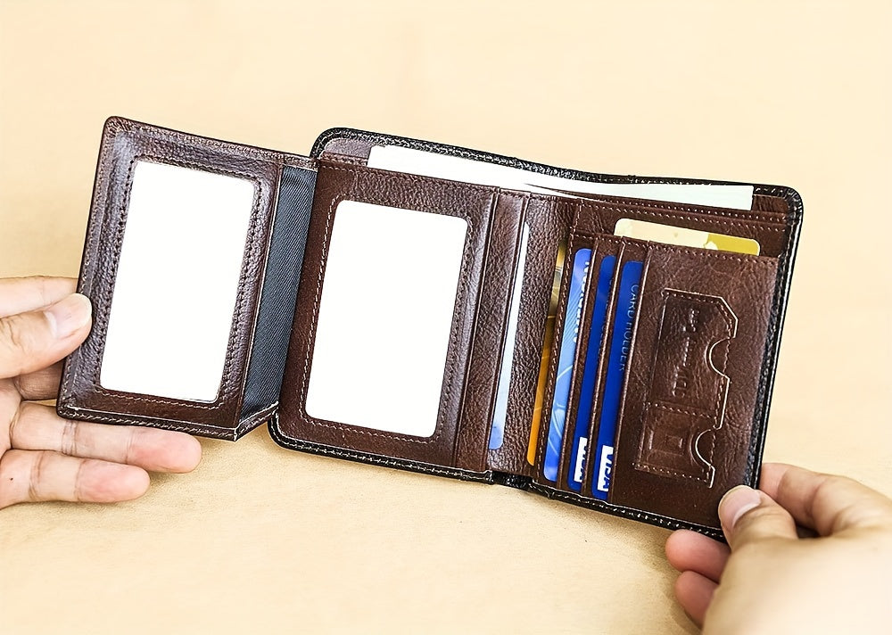 Genuine Leather Men's Wallet with Blessing Card Set, RFID Blocking, Ultra-Thin, Top-Grain Cowhide, Compact Multi-Function ID and Credit Card Holder, Christmas Valentine's Day Father's Day Gift