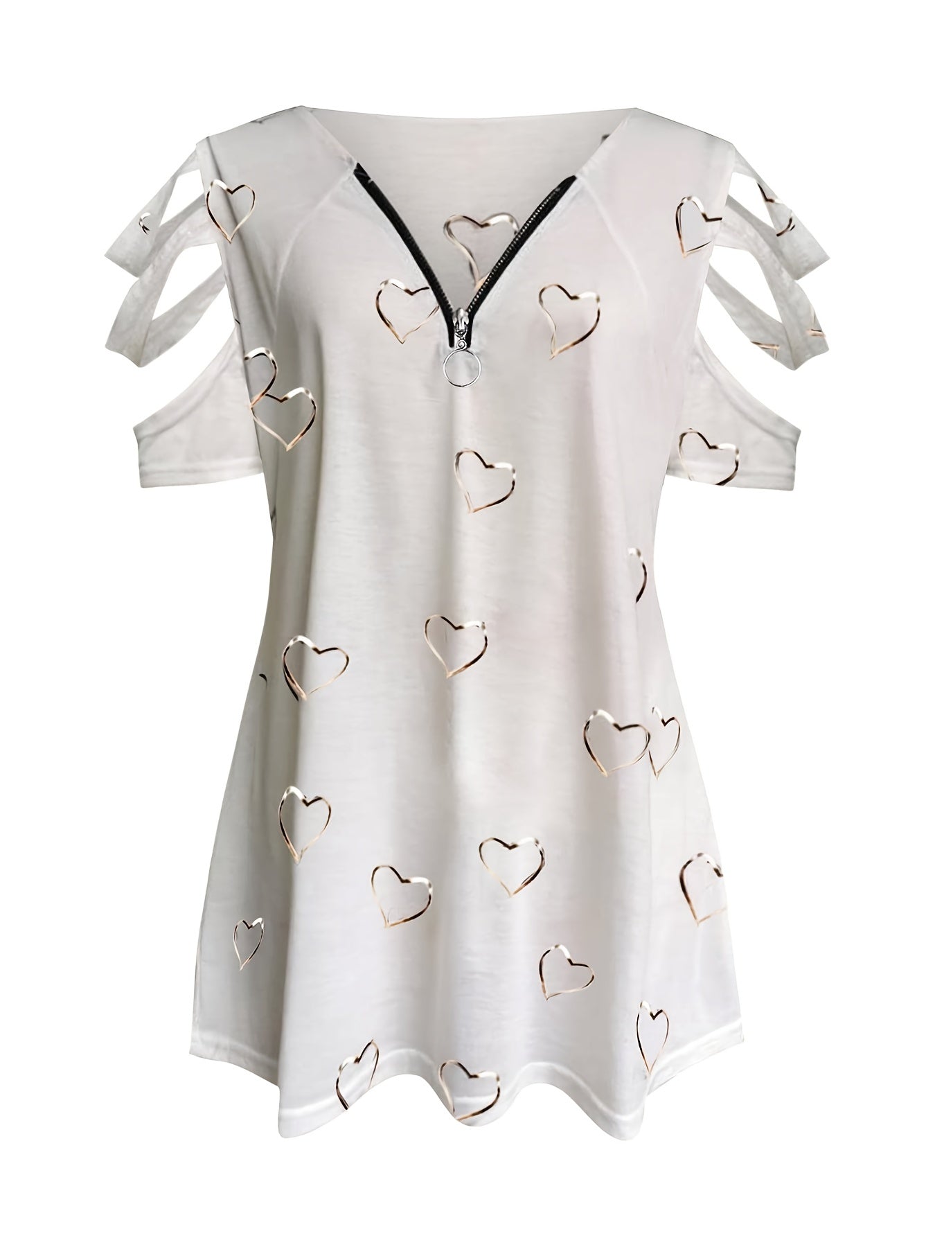 Heart Print Cut Out T-Shirt, Zipper V Neck Short Sleeve T-Shirt, Casual Every Day Tops, Women's Clothing
