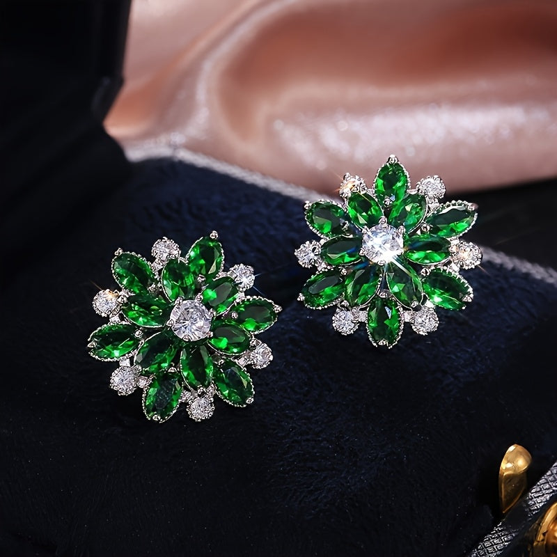 Luxurious Flower Earrings - A Pair With Shiny Synthetic Zirconia Inlaid - Suitable For Ladies' Wedding Parties, Jewelry, And Valentine's Day Gifts